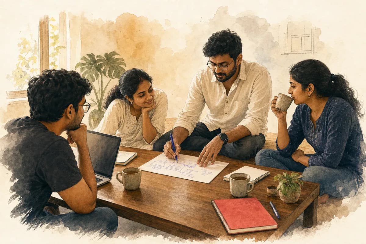 Free Saturday workshop discussion around a table in the Vizag classroom
