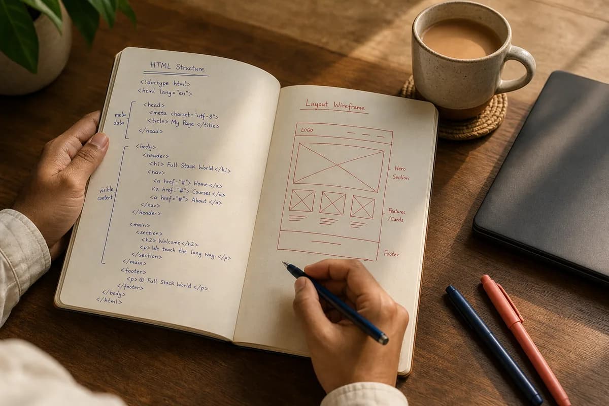Student writing HTML fundamentals by hand in a notebook