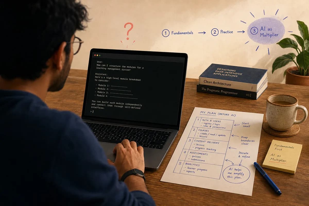 Student using a terminal after planning work on paper