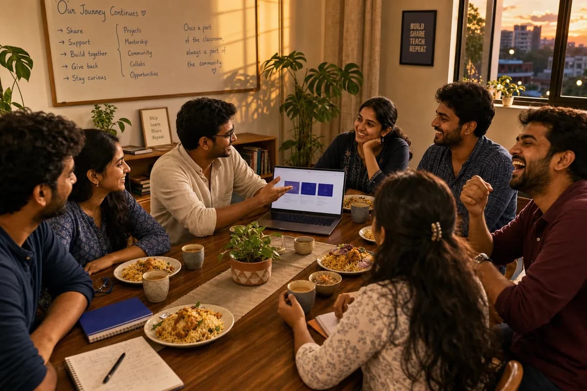 Alumni and current students meeting around a classroom table